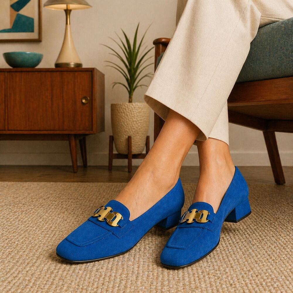 Vintage Blue Suede Loafers Gold Bit Heel 7.5 Mid Century Mo